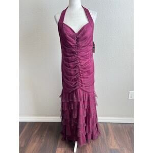 New Ignite Evenings Formal Dress Women's 16 Purple Glitter Maxi Halter Ruched